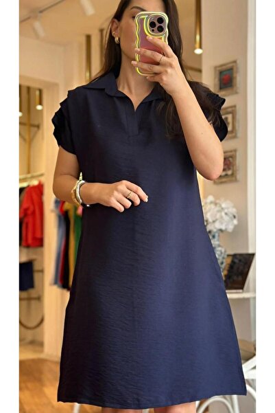 Merve Kılas Butik Omuzları Drapeli Gömlek Yaka Elbise