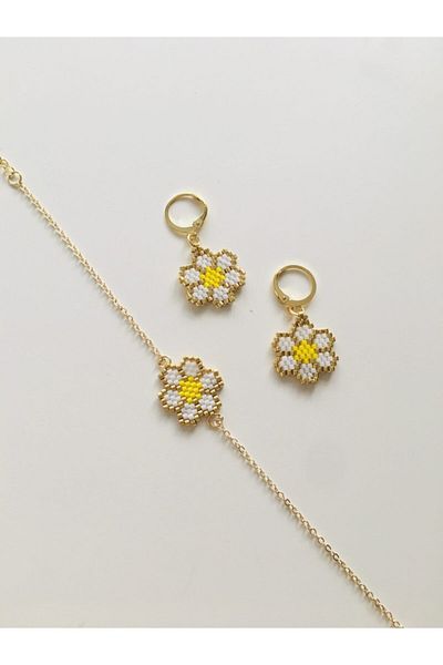 elamindunyasi Handmade Miyuki Knitted Flower Bracelet and Earring Set