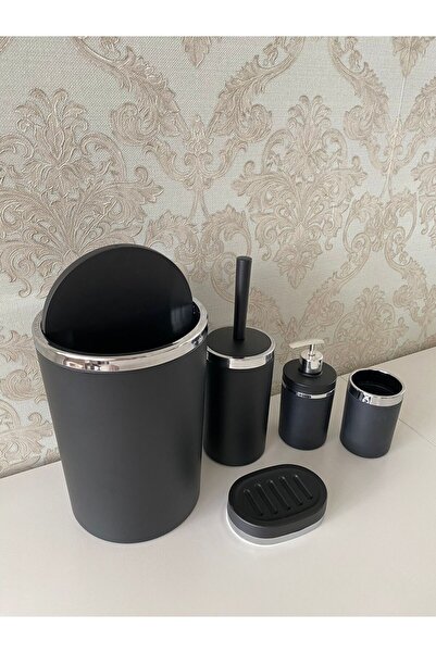 Trend Banyo Mutfak طقم حمام مكون من 5 قطع باللون الأسود والفضي غير اللامع - حامل فرشاة المرحاض، السائل - موزع الصابون الصلب، سلة المهملات، حامل فرشاة الأسنان