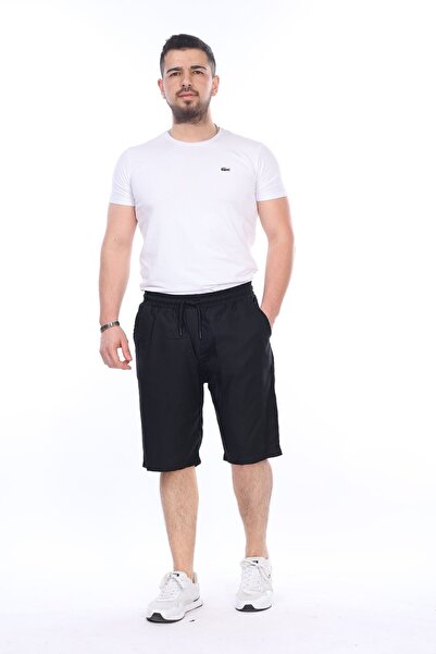 VIKUNYA Men's Summer Black Elastic Waist and Laced Gabardine Fabric Men's Shorts