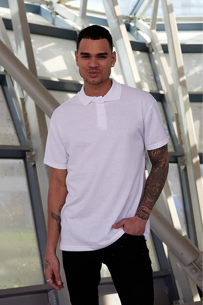 Buteks Tricou alb din bumbac cu gât polo - Sport, cu nasturi, ocazional, cu m...