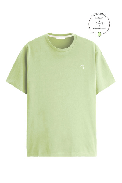 Açik Yeşil Erkek Basic Relaxed Fit Tişört Bisiklet Yaka | Düz Pamuklu Tshirt | Beyaz Nakışlı Q Logo