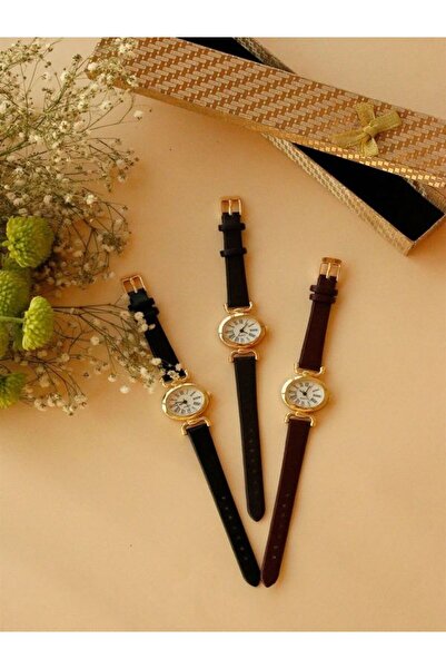 Force Retro Oval Minimal Deri Acı Kahve Kordon Vintage Kadın Kol Saati