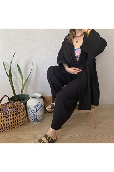 Mutlu Gün Marketi طقم موسلين بنطلون كيمونو أسود