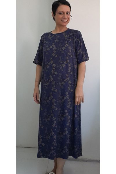 Mertcan Butik Μπλε ναυτικό μοτίβο αστεριών - Κοντομάνικο χτενισμένο βαμβακερό φόρεμα βισκόζης