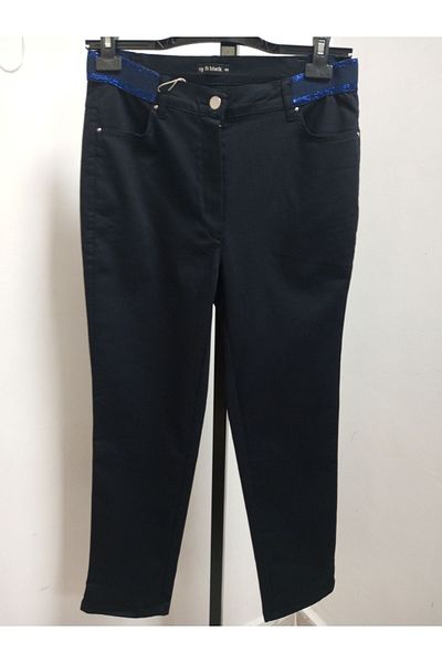 AKŞEN GİYİM Plus Size Loose Lycra Cotton Linen Legendary Trousers - Glittery Elastic Waist and Ankle Length