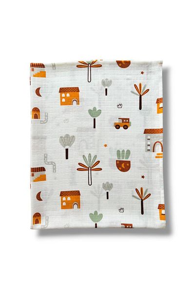 Mutlu Gün Marketi 100x80cM Muslin Blanket and 2 Handkerchiefs 2 Shoulder Diapers - Newborn Baby Set 5 Pieces Marrakech Pattern