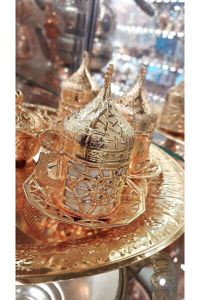 Bakır Center 6 Kişilik Fincan Takımı Tepsi Lokumluk Gold Renk Şekerlik Tepsi Komple Set