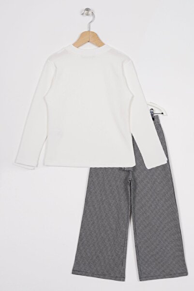 zepkids Ecru Colored Girl's Trousers Set - Honey Collar, Long Sleeve and Herringbone Detail