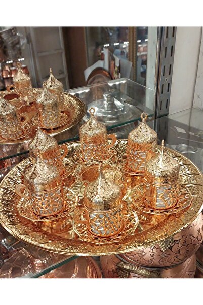 Bakır Center 6 Kişilik Fincan Takımı Tepsi Lokumluk Gold Renk Şekerlik Tepsi Komple Set
