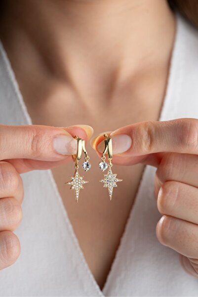 Silvano Jewelry 925 Ayar Gümüş Gold Çift Taşlı Kutup Yıldızı Küpe