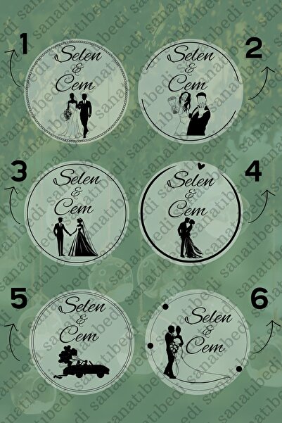sanatıbedi Şeffaf Kişiye Özel Figürlü Söz Nişan Düğün Nikah Kına Sticker - 50...