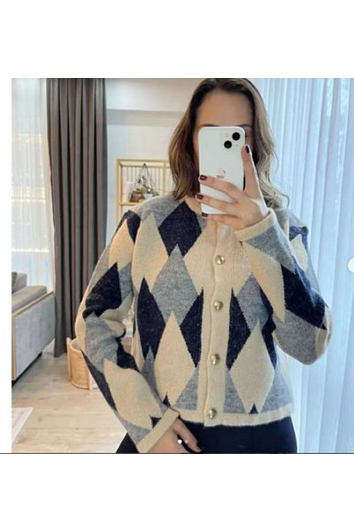 Bisou Bisou Women's Crew Neck Diamond Patterned Button Detailed Multicolored Knitwear Cardigan