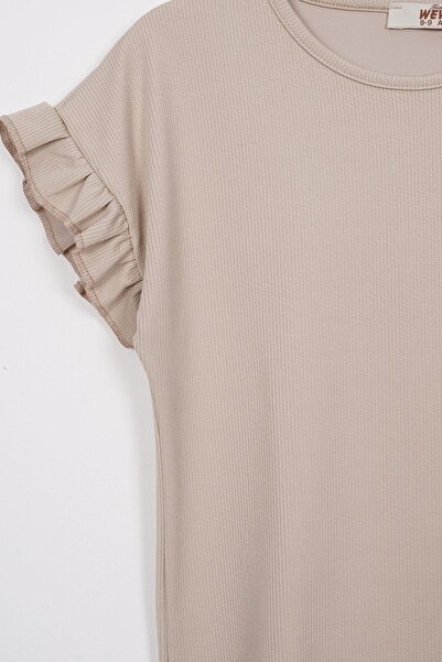 zepkids Beige Girl's Trousers Set - Crew Neck, Short Sleeve, Skinhead Detail