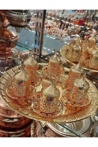 Bakır Center 6 Kişilik Fincan Takımı Tepsi Lokumluk Gold Renk Şekerlik Tepsi Komple Set