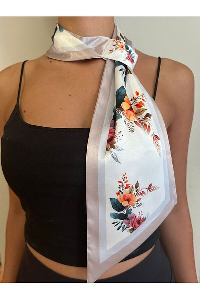 ElevaGlam White Floral Patterned Tie Scarf