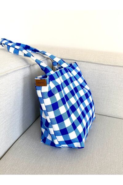 LUNAFEL Сумка з тканини з синім візерунком у вигляді маленьких квадратів - середнього розміру