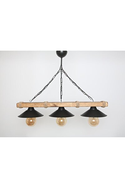 Genel Markalar Doğal Ahşap 3 Lü Halatlı Rustik Tasarım Şapkalı Avize