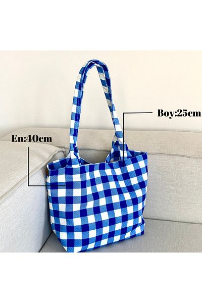 LUNAFEL Geantă din pânză cu model Gingham bleumarin - mărime medie