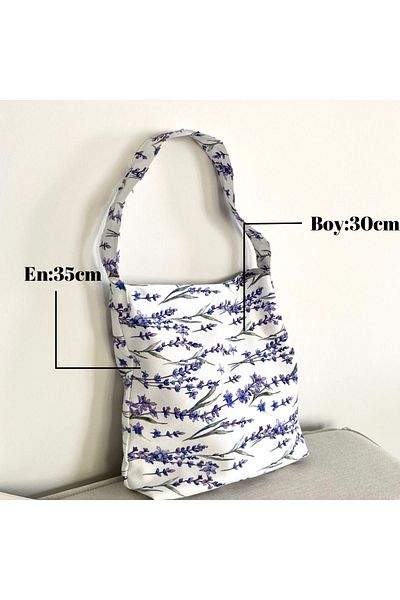 LUNAFEL Purple Lavender Patterned Baguette Tote Bag - Medium Size