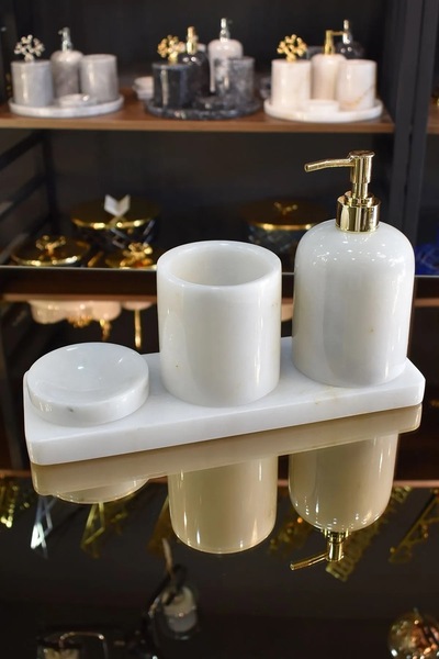ADES MOBİLYA VE AKSESUARLARI 4 Piece Feather Figured White Marble Bathroom Set