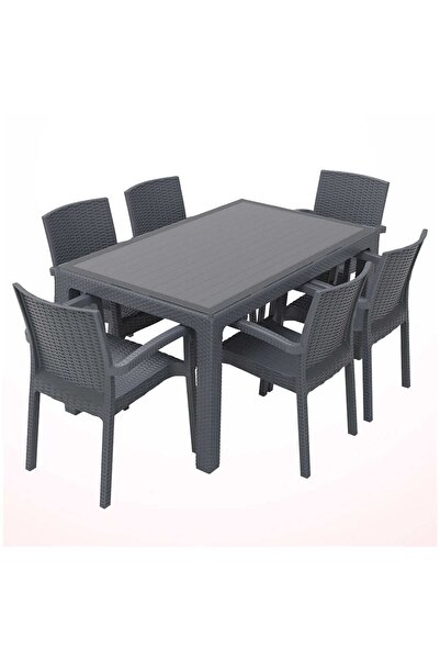 Violet Rattan 80x140cm 6lı Camlı Bahçe Mutfak Masa Takımı Antrasit