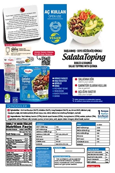 Yayla Haşlanmış Suyu Süzülmüş Kinoalı Salata Toping 150 gr