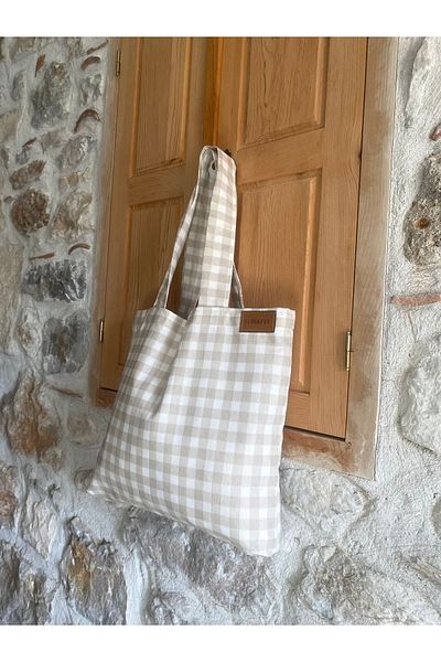 LUNAFEL Geantă de mână și geantă de umăr din pânză Gingham Beige - Dimensiune medie