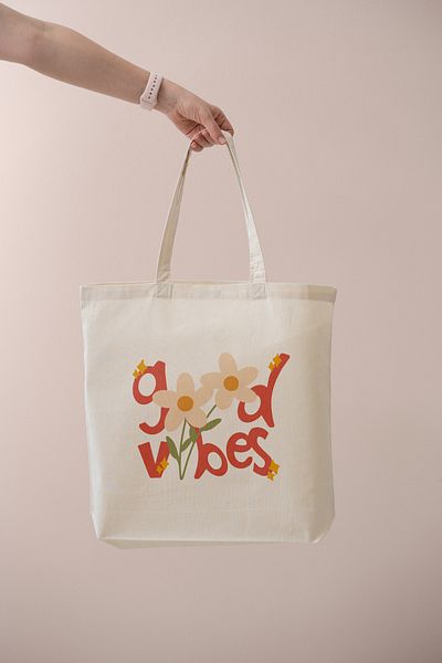 MBEY Geantă din pânză brută cu model floral imprimat Good Vibes