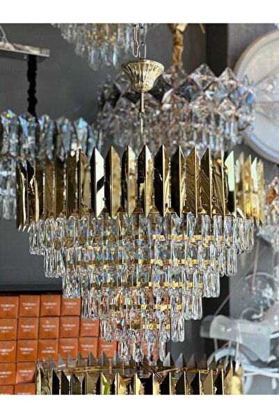 TAŞLI NES. Lazer Kristal Taşlı 60 CM Büyük Sarı Gold Yuvarlak Salon Avize