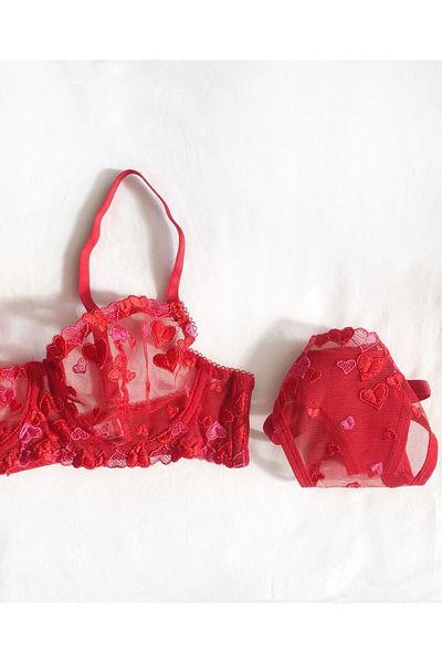ARONA Red Tulle Underwire Bralette Set with Red Pink Heart Embroidery on Red Tulle
