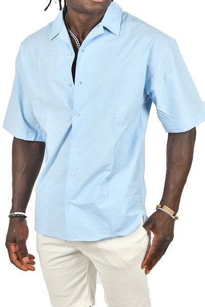 DeepSEA Blue Oversize Shirt - Apache Collar, SeersucKer, ButtoneD, Short Sleeve 2403017