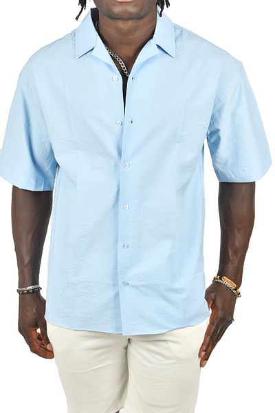 DeepSEA Blue Oversize Shirt - Apache Collar, SeersucKer, ButtoneD, Short Sleeve 2403017