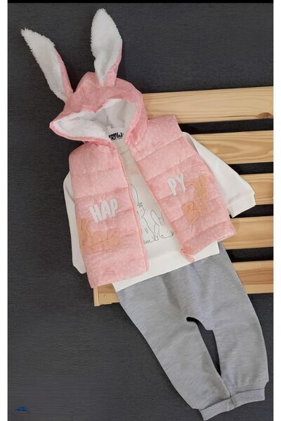 MİNİCEY BABY Babyhi̇ My Baby Baby Girl Happy Rabbits Printed Vest 3 Piece Lon...