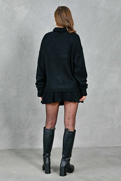 bayansepeti Turtleneck Oversize Knitwear Sweater and Mini Skirt - Black 9903