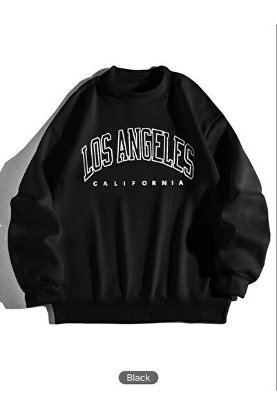 ROYAL FASHİON Oversize Bisiklet Yaka Siyah LOS ANGELES Baskılı Sweatshirt