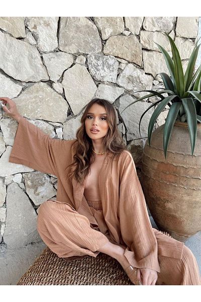 Tommes Butik طقم كيمونو نسائي من القماش القطني - كراميل