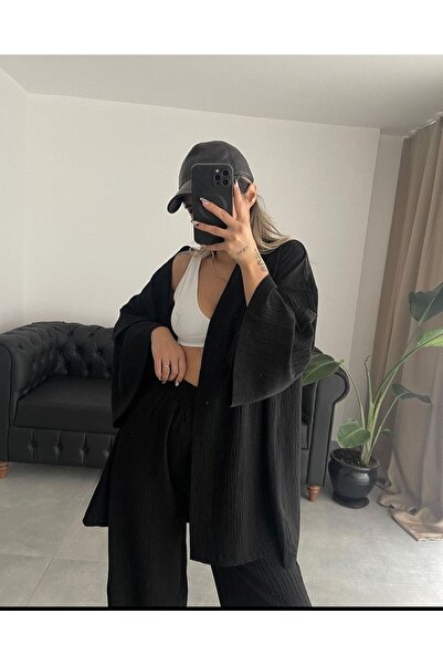 Tommes Butik Seersucker Women's Kimono Set - Black