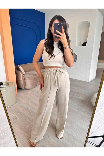 devesta High Waist Linen Palazzo Trousers - Cream String