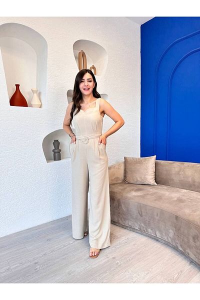devesta Linen Jumpsuit - Cream Belt Detail