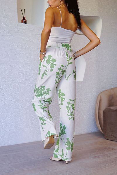 devesta High Waist Green Floral Patterned Trousers