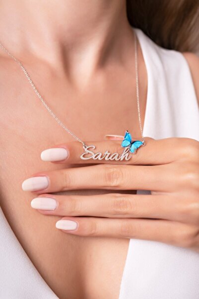Violansia 925 Ayar Gümüş İsimli Mavi Mineli Kelebek Kolye – Kadın Hediyelik Takı / Kişiye Özel