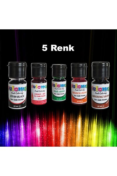 velomy Black, Red, Green, Orange, Brown Water Based Liquid Food Coloring 10 Gr. - 5 Pieces No: 1