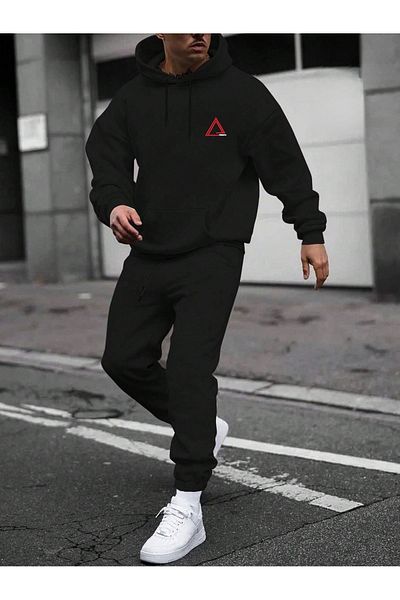 Mythologie Triangle Logo Tracksuit Set - Black Printed Suit Jogger Sweatshirt Elastic Leg Hooded
