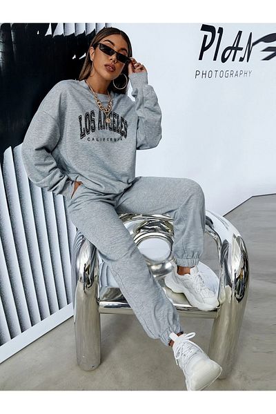 Mythologie Los Angeles Tracksuit Set - Gray Printed Suit Jogger Sweatshirt Elastic Leg Crew Neck