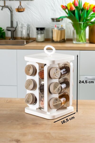 Porsima 1082 Kare Dönerli Standlı Döner Kapaklı 12'li Cam Baharatlık Seti-beyaz Cappuccino