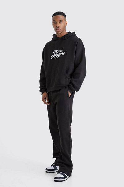 Mythologie Black PrintEd Pour HommE Tracksuit SEt - Jogger Sweatshirt, WidE LEg, HoodEd