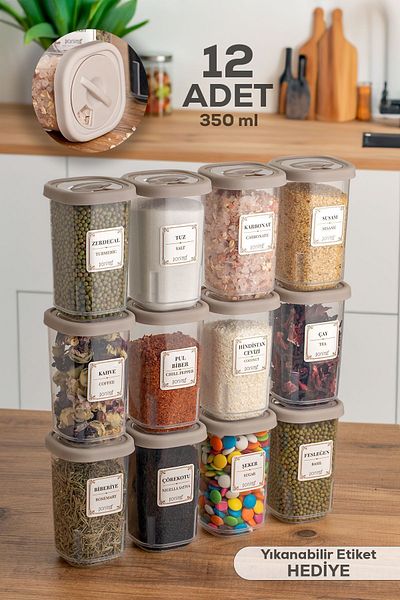 Porsima 1061 12Pcs Spice Jar Set with Lock Lid Label - Spice Jar - Storage Container - 350ml