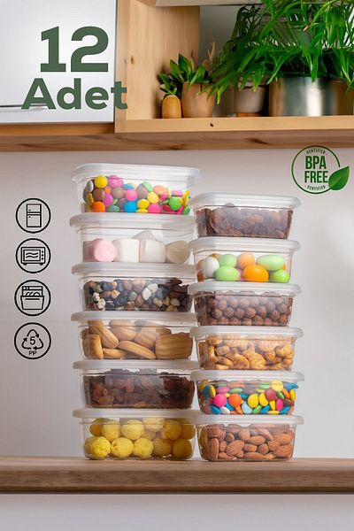 Porsima 1040 12 Pieces Plastic Rectangular Food Food Food Food Breakfast Storage Container Set 6X (200-380) CC Transparent