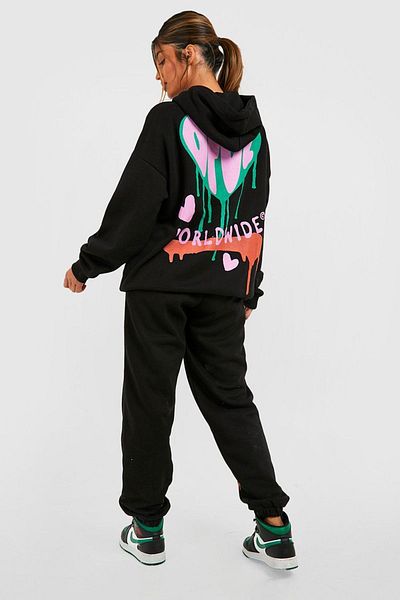 Mythologie Worldwide Heart Tracksuit - Black Printed Suit Jogger Sweatshirt Elastic Leg Hooded